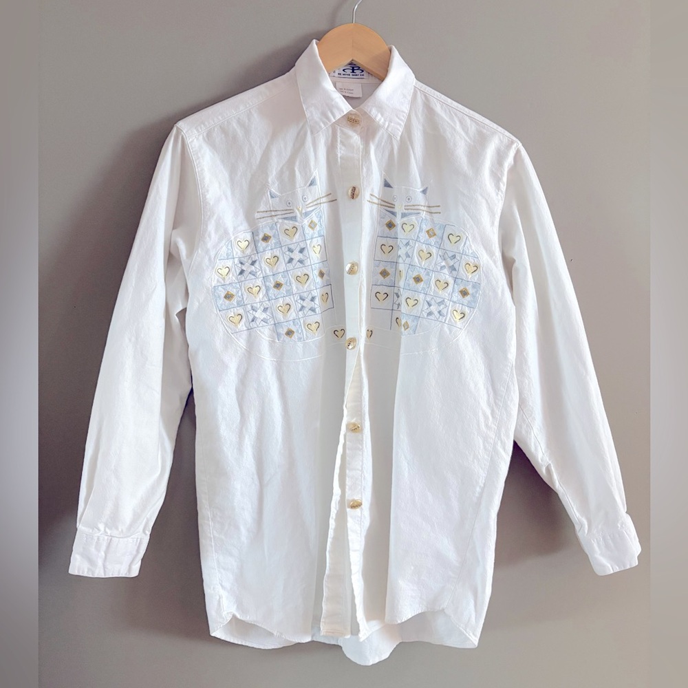 Vintage Cat Embroidered Button Up